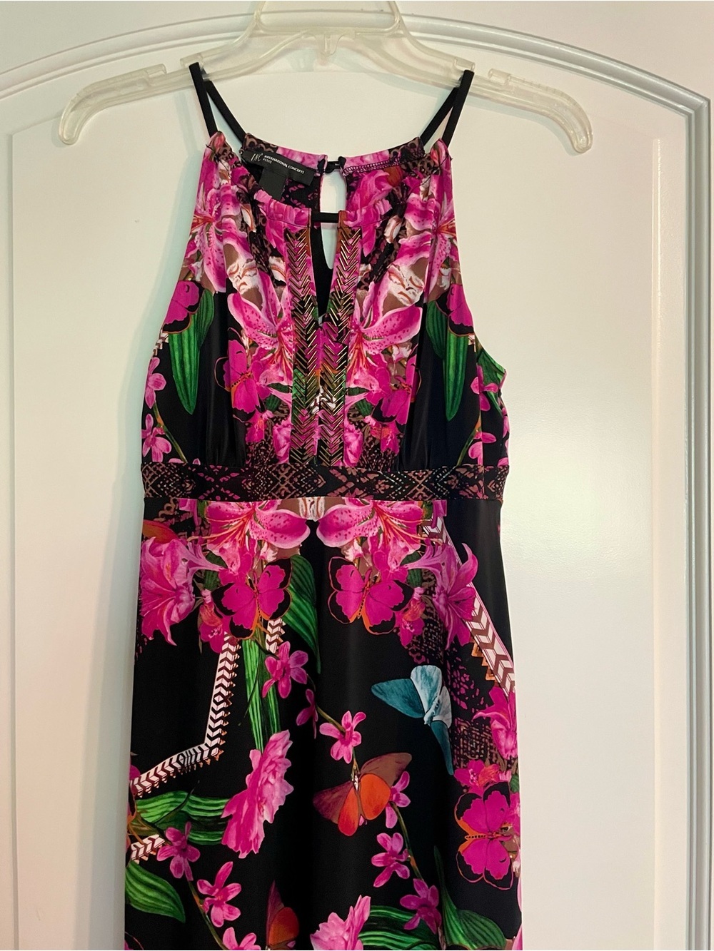 INC International Concepts Petite P/S Black Pink Floral Butterfly Maxi Dress - Picture 2 of 4